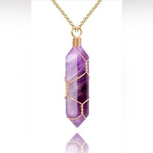 14K Gold Wire Wrapped Natural Point Pendant Necklace Healing Crystal - Amethyst